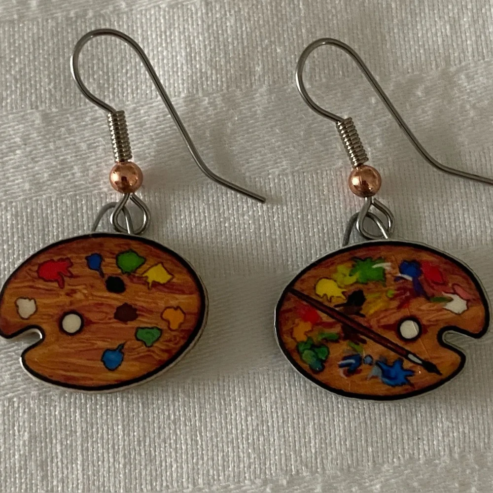 Artist Palette Paint & Brush Drop Earrings  Hand Made Signed Jewelry Art EUC
